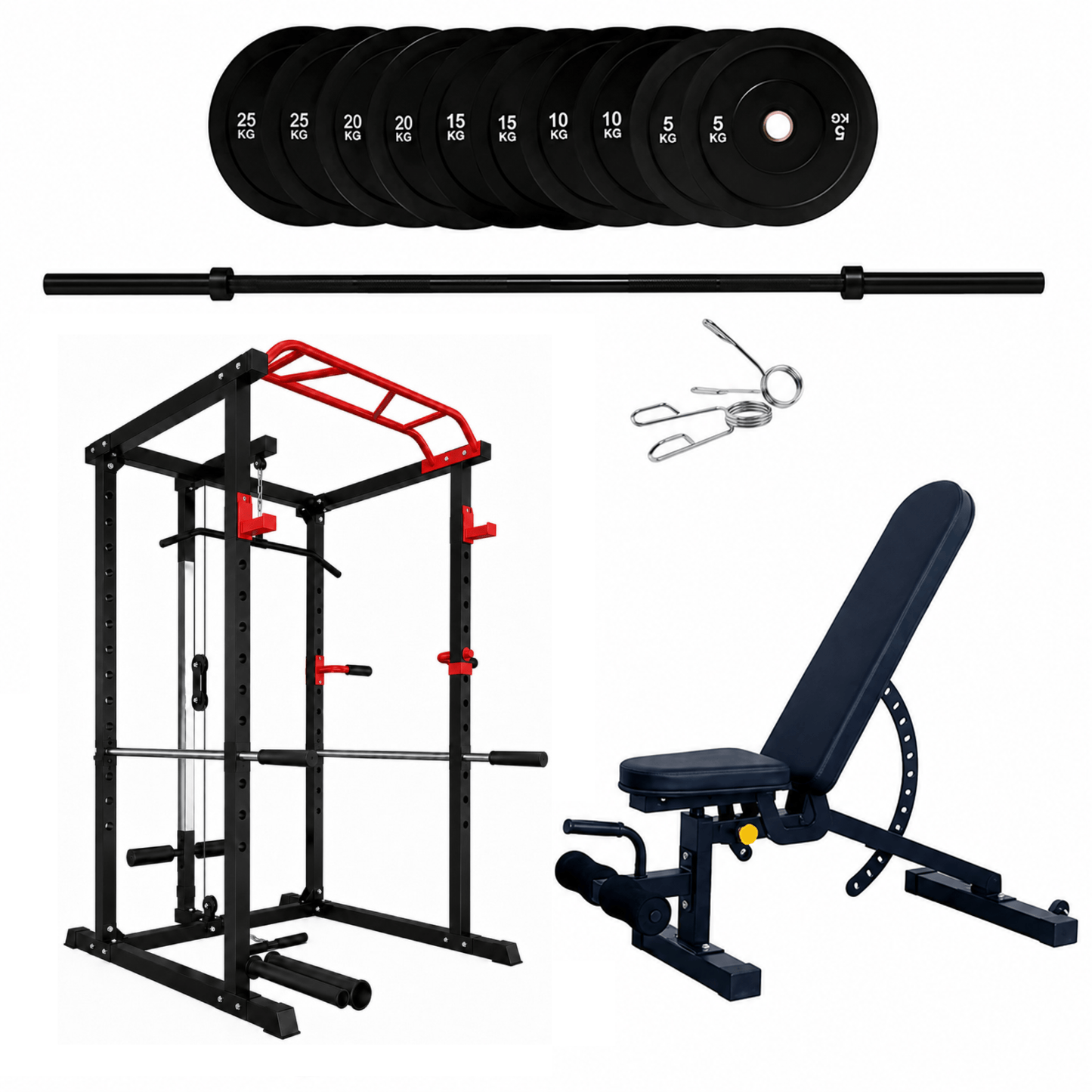 150kg Bumper Plates + Power Multi Cage + Adjustable Weight Bench + Olympic Barbell 6ft or 7ft
