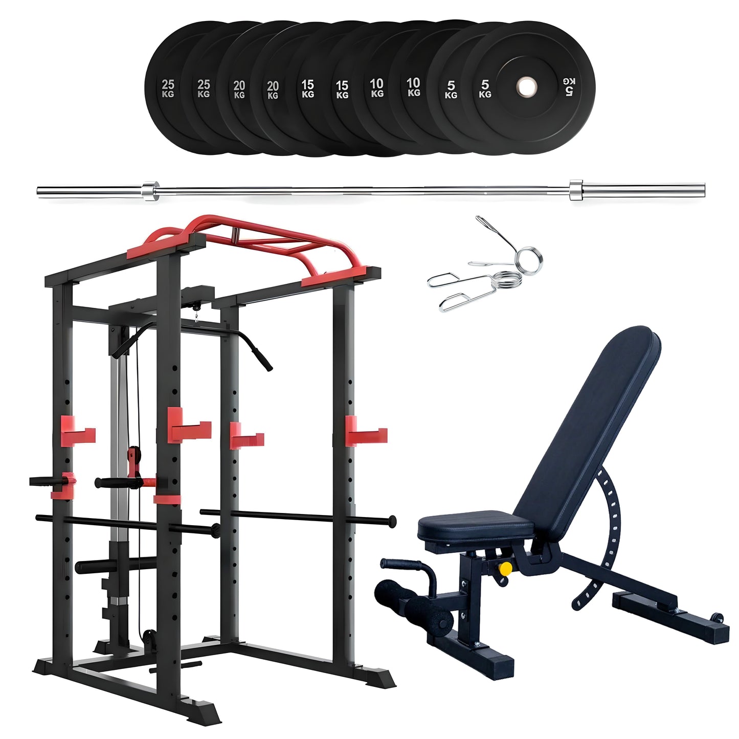 150kg Bumper Plates + Power Multi Cage + Adjustable Weight Bench + Olympic Barbell 6ft or 7ft