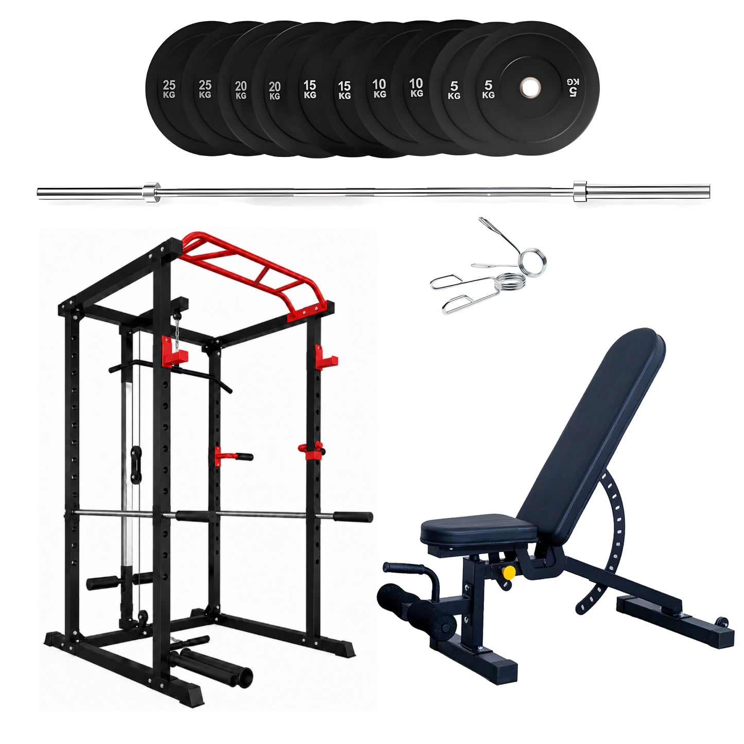 150kg Bumper Plates + Power Multi Cage + Adjustable Weight Bench + Olympic Barbell 6ft or 7ft