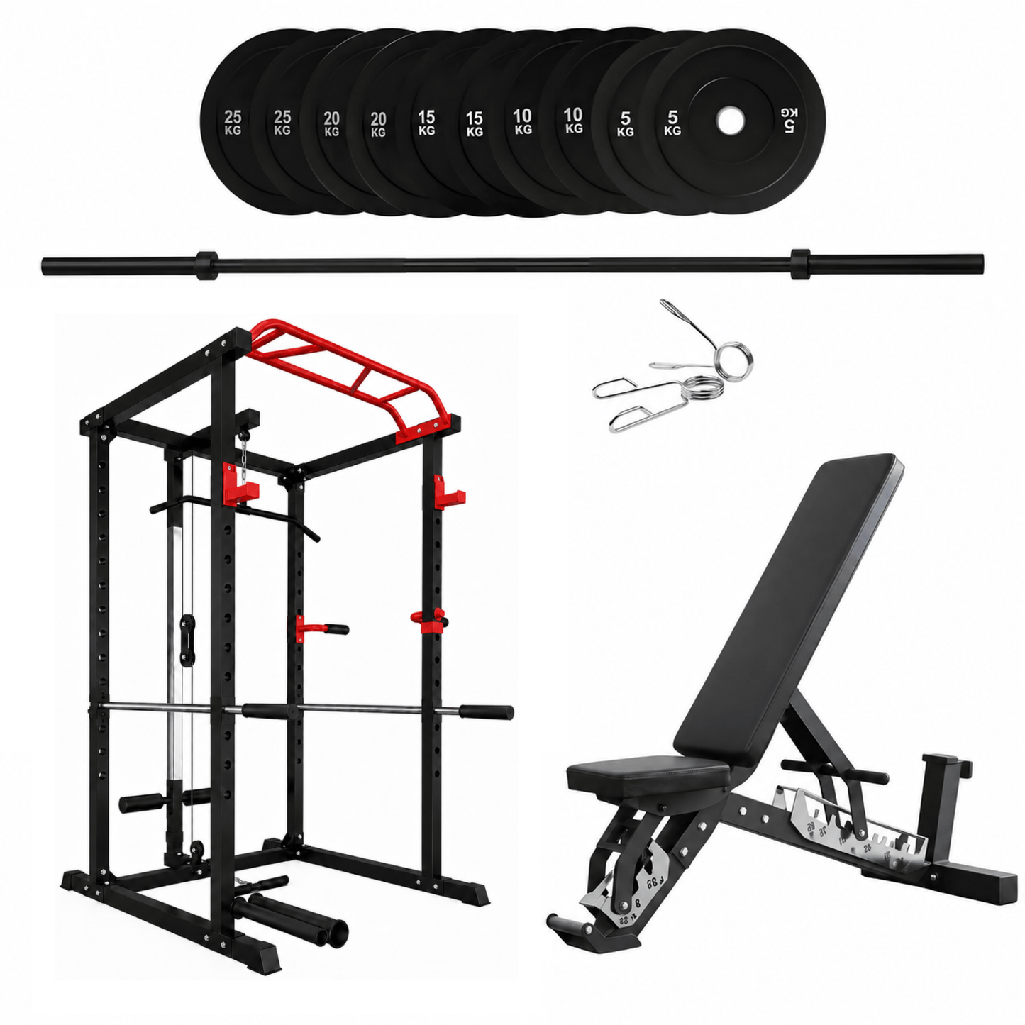 150kg Bumper Plates + Power Multi Cage + Adjustable Weight Bench + Olympic Barbell 6ft or 7ft