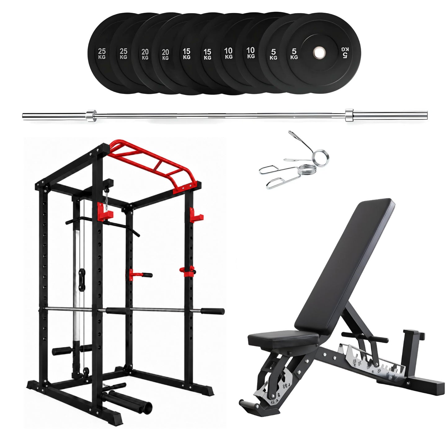 150kg Bumper Plates + Power Multi Cage + Adjustable Weight Bench + Olympic Barbell 6ft or 7ft