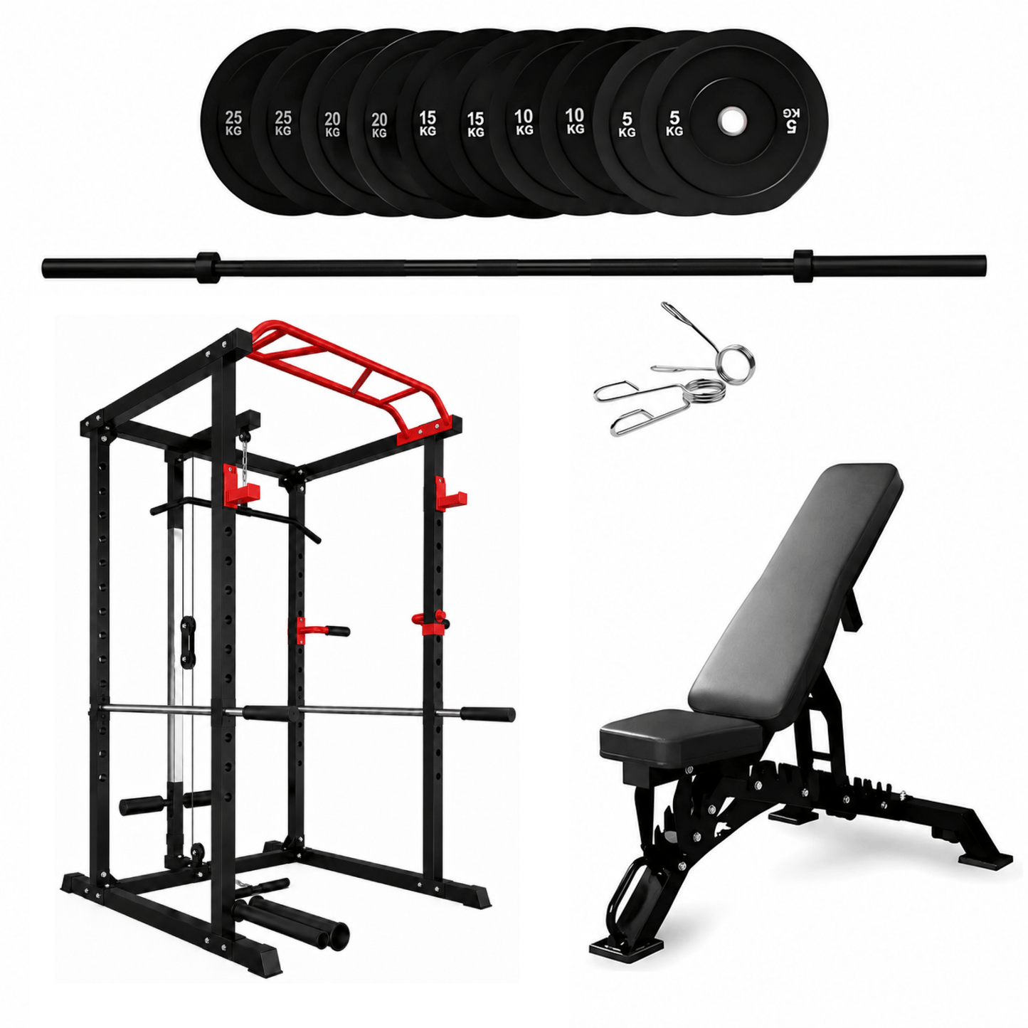 150kg Bumper Plates + Power Multi Cage + Adjustable Weight Bench + Olympic Barbell 6ft or 7ft