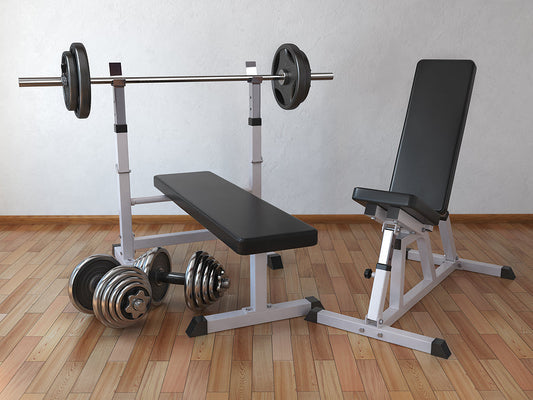 7ft Olympic barbell - Barbell-Bench-With-Weight-Dumbbells-In-The-Home