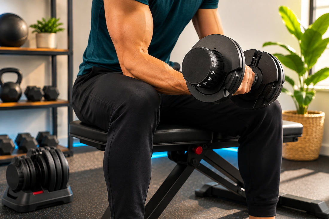 adjustable dumbbell workout in a home gym