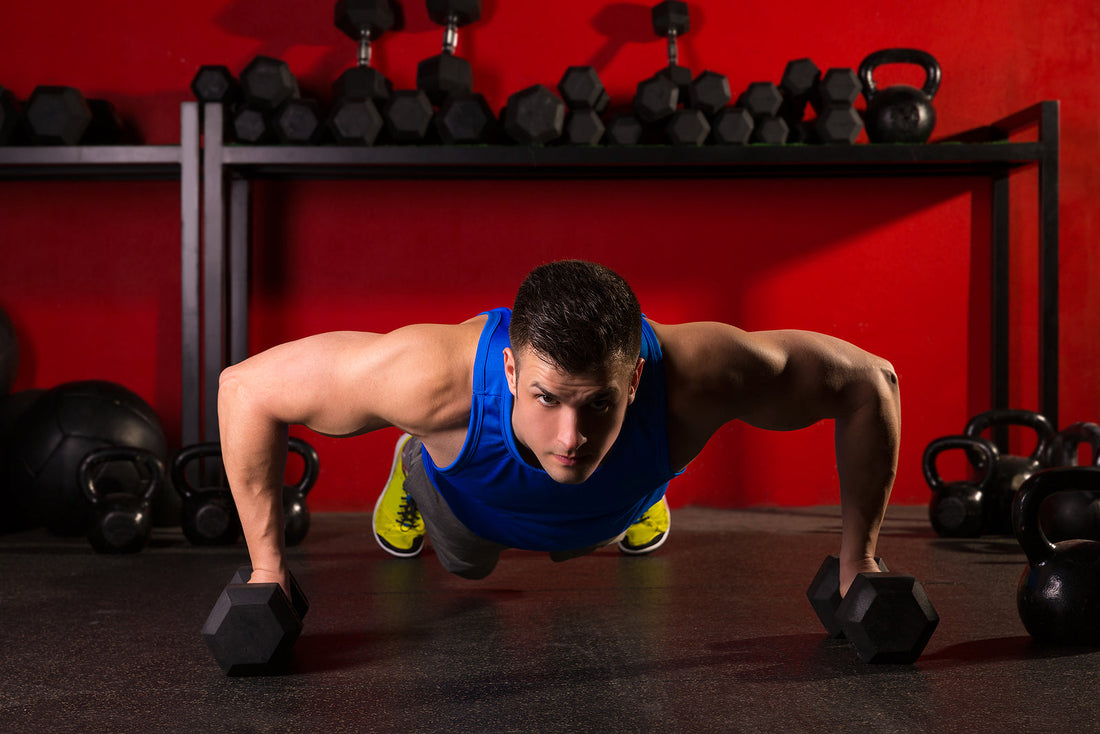 hex dumbbell sets - push-up strength man hex dumbbells pushup exercise workout at gym