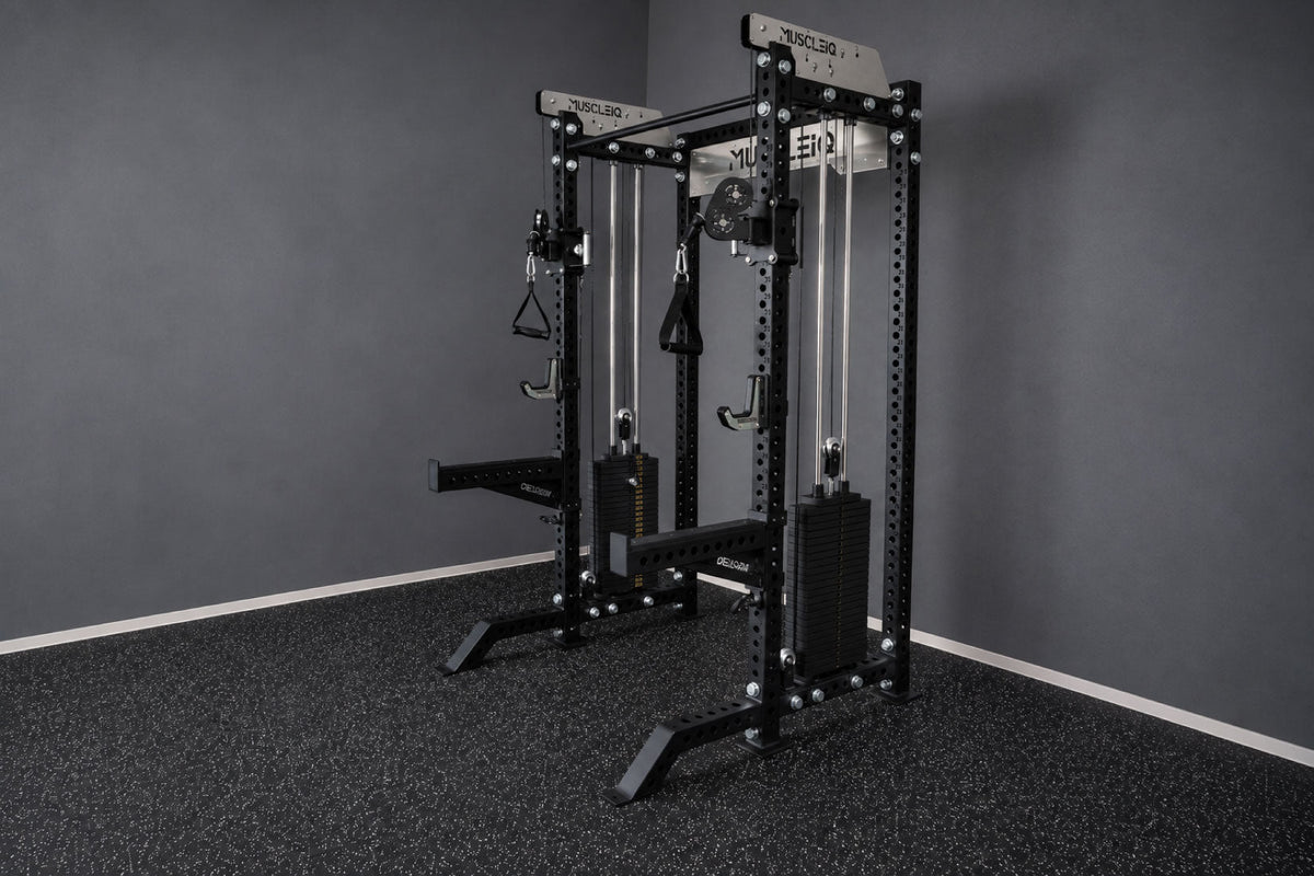 MUSCLEIQ Multi Functional Power Rack in a home gym