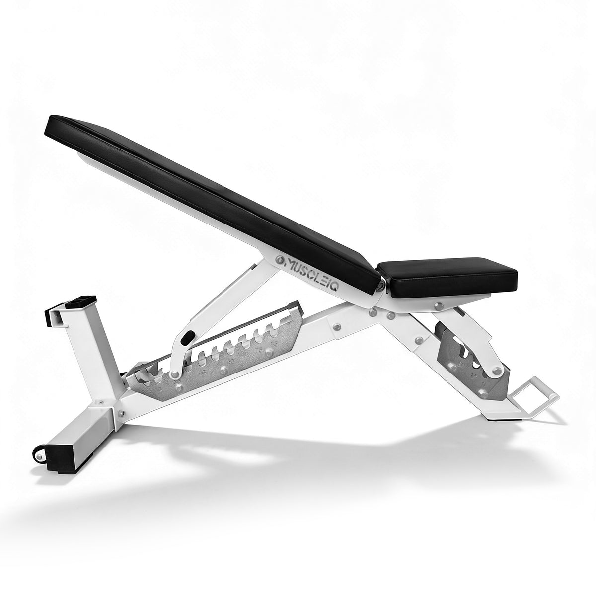 Commercial multifunctional weight bench at a low incline, side view