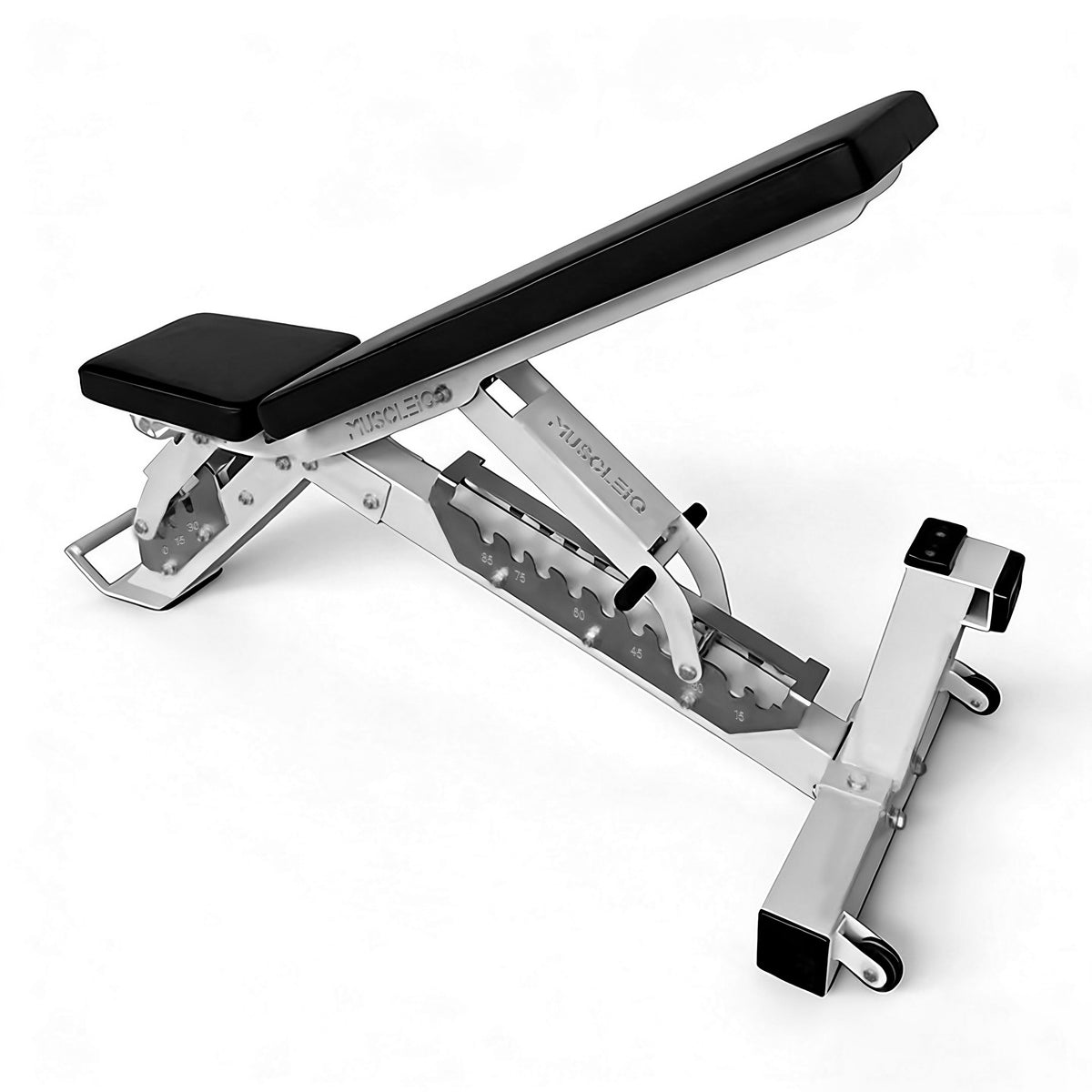 Commercial multifunctional weight bench in the flat position, rear view