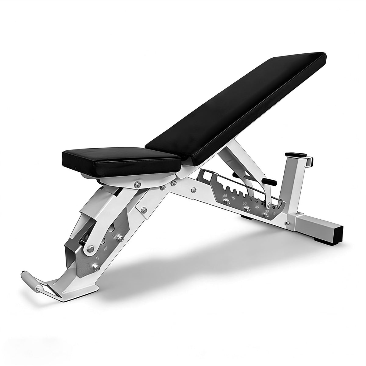 Commercial multifunctional weight bench at an incline, side view