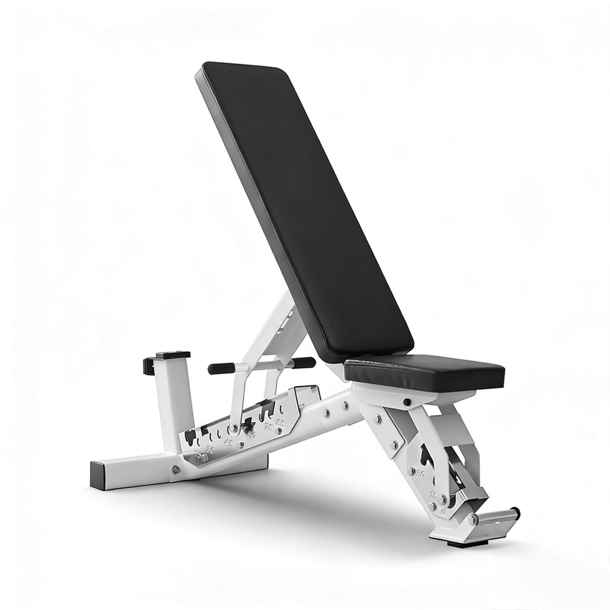 Commercial multifunctional weight bench with white frame, backrest at an incline