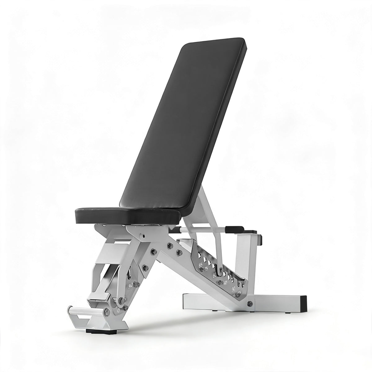 Commercial multifunctional weight bench at an incline, front view