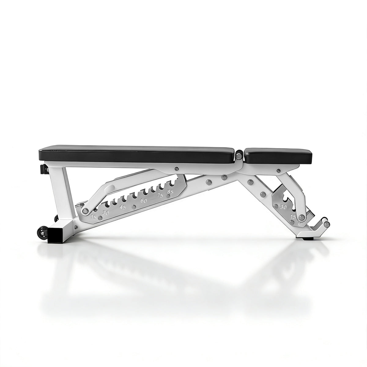 Commercial multifunctional weight bench in the flat position, side view