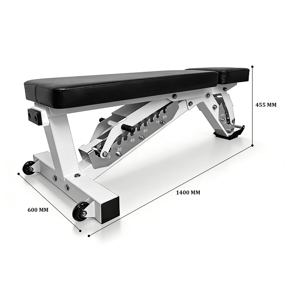 Commercial multifunctional weight bench in the flat position with dimensions marked
