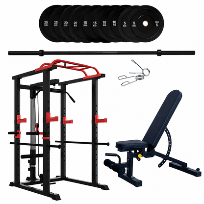 150kg Bumper Plates + Power Multi Cage + Adjustable Weight Bench + Olympic Barbell 6ft or 7ft