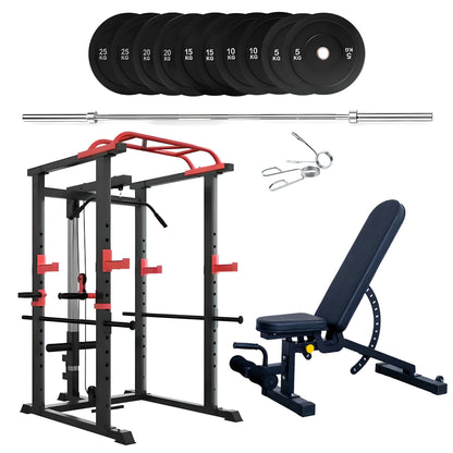 150kg Bumper Plates + Power Multi Cage + Adjustable Weight Bench + Olympic Barbell 6ft or 7ft
