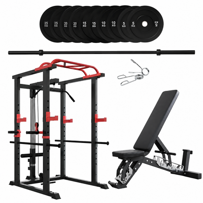 150kg Bumper Plates + Power Multi Cage + Adjustable Weight Bench + Olympic Barbell 6ft or 7ft