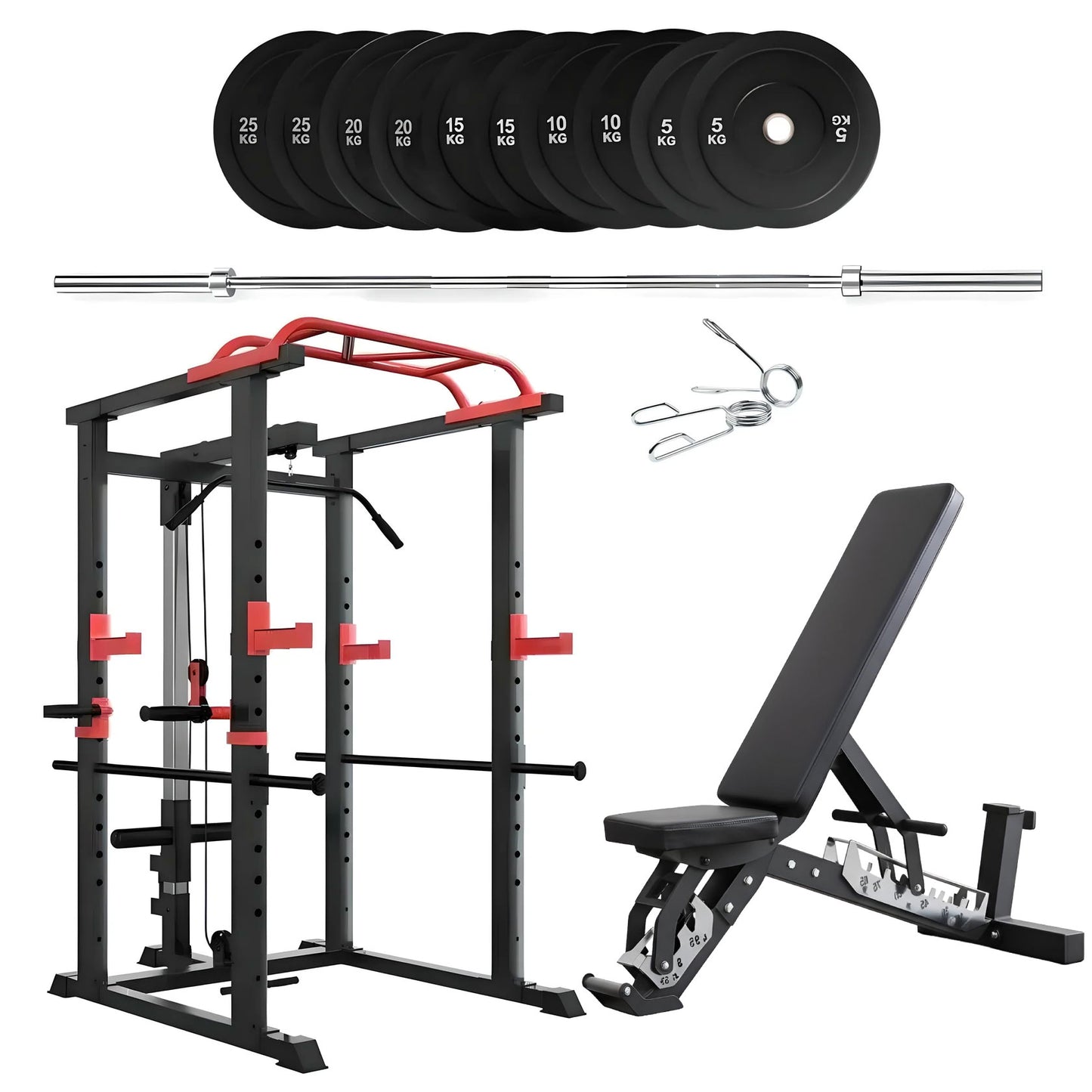 150kg Bumper Plates + Power Multi Cage + Adjustable Weight Bench + Olympic Barbell 6ft or 7ft