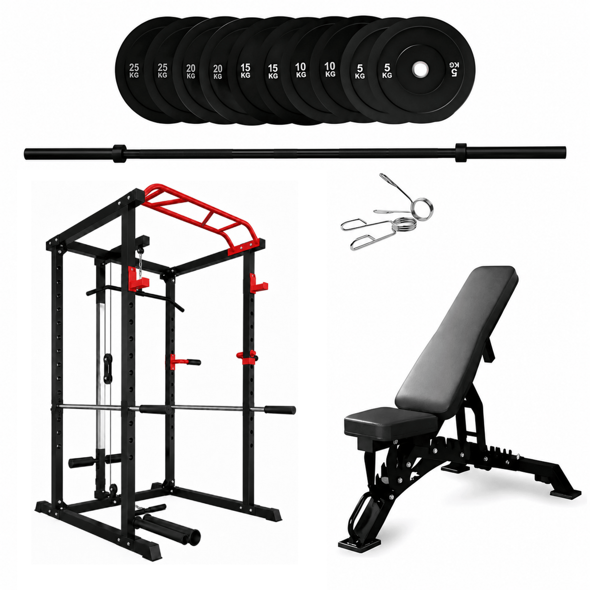 Power Rack Home Gym Package - Bench, Barbell & 150kg Bumper Plates
