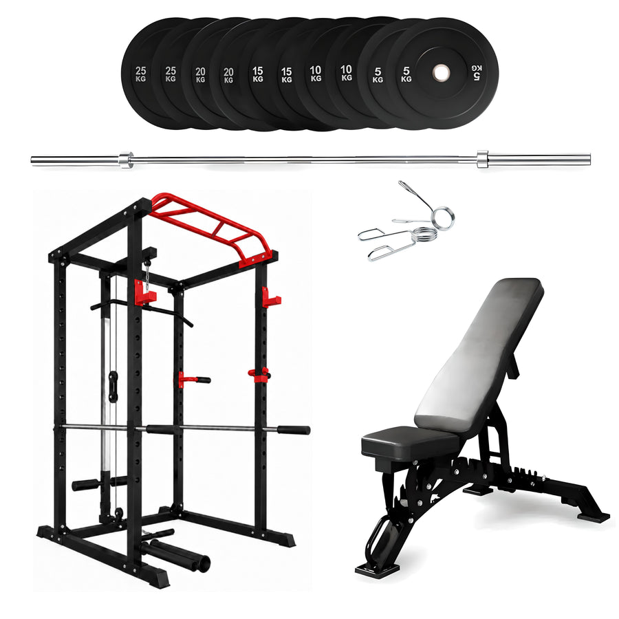 150kg Bumper Plates + Power Multi Cage + Adjustable Weight Bench + Olympic Barbell 6ft or 7ft