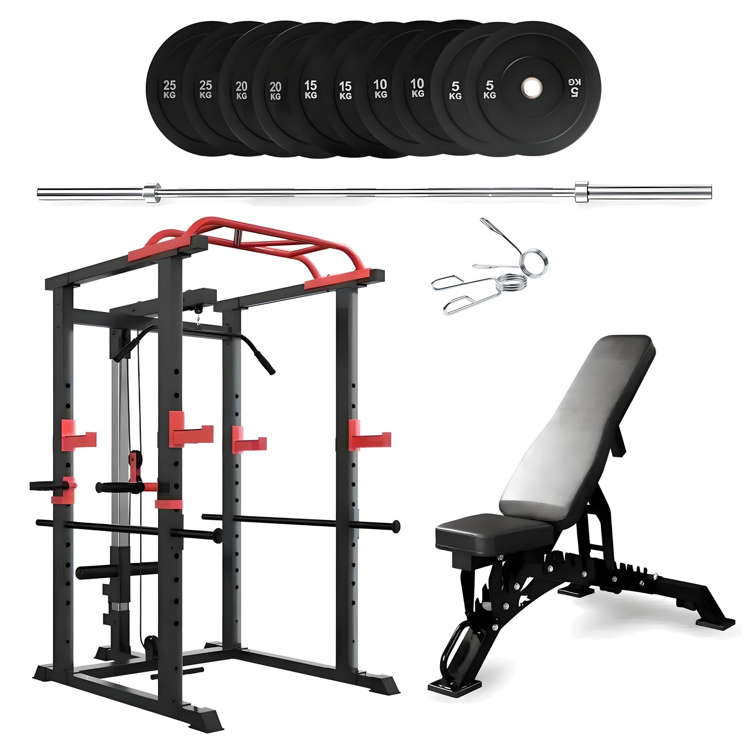 150kg Bumper Plates + Power Multi Cage + Adjustable Weight Bench + Olympic Barbell 6ft or 7ft