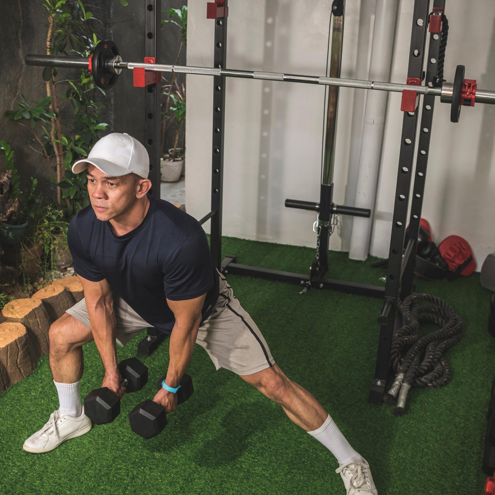 150kg Bumper Plates + Power Multi Cage + Adjustable Weight Bench + Olympic Barbell 6ft or 7ft