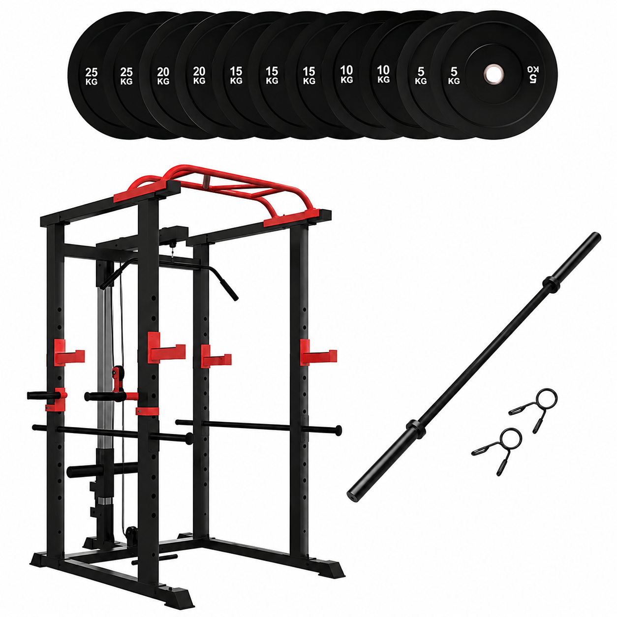150kg Bumper Plates + Power Multi Cage + Olympic Barbell 6ft or 7ft