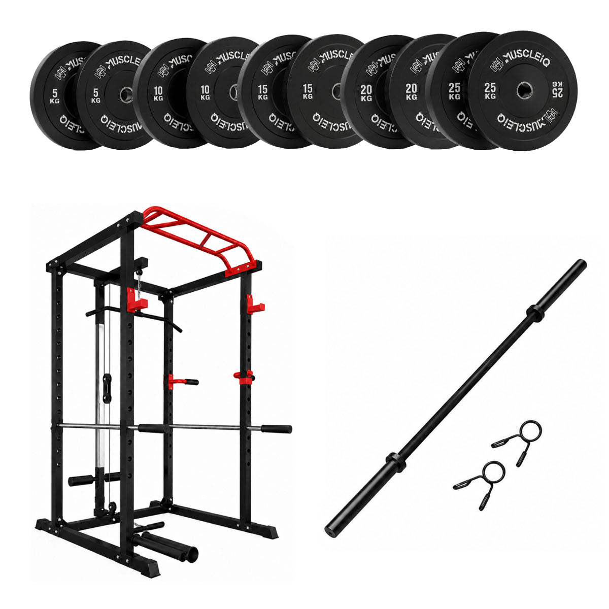 Bumper plates, power multi cage, black Olympic barbell and clips