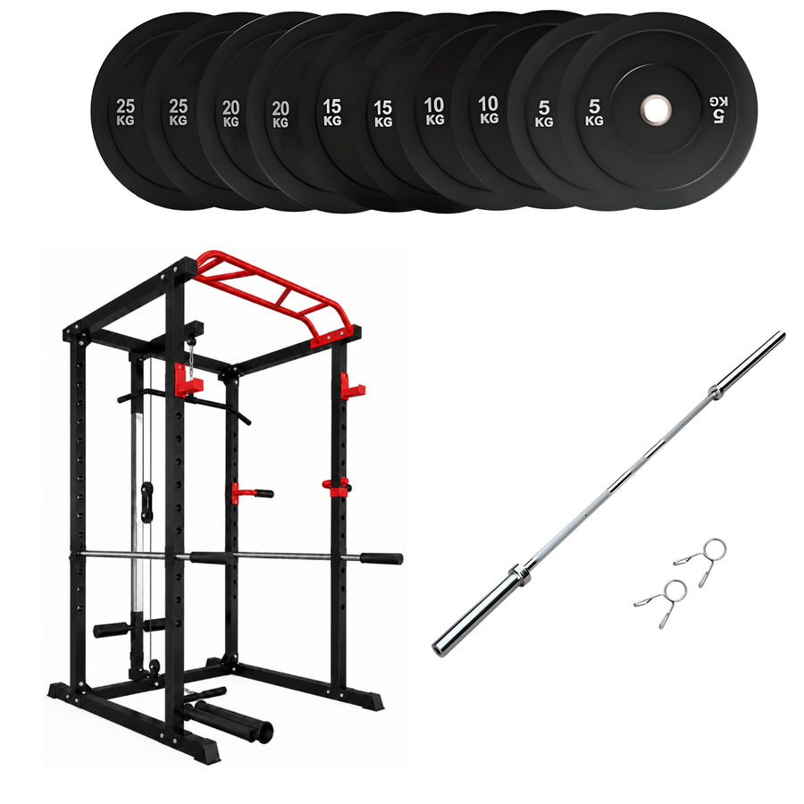 150kg Bumper Plates + Power Multi Cage + Olympic Barbell 6ft or 7ft