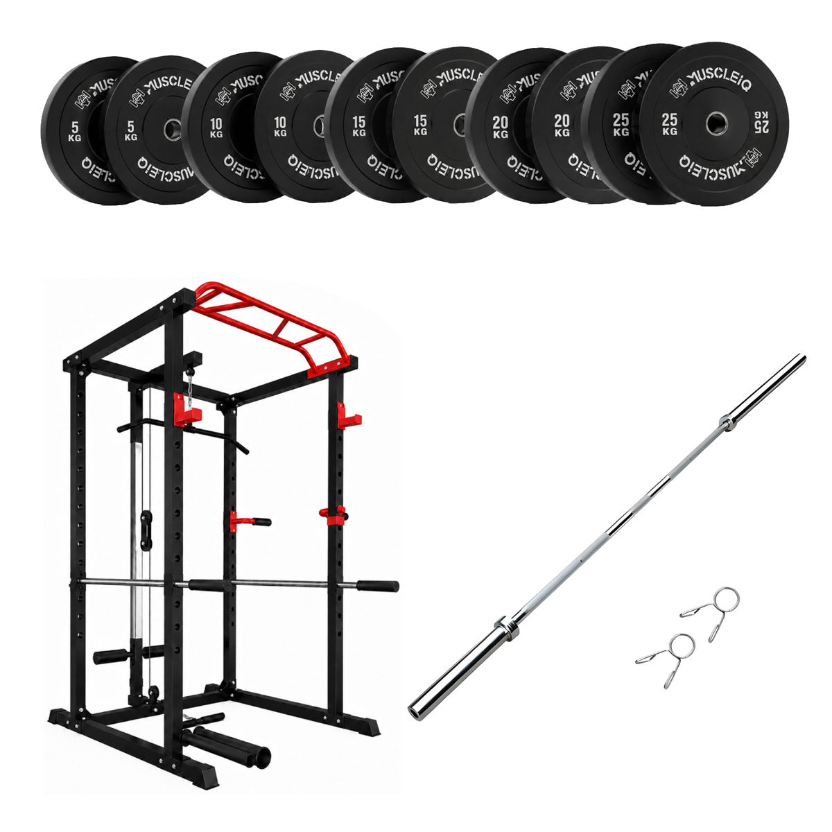 Bumper plates, power multi cage, silver Olympic barbell and clips