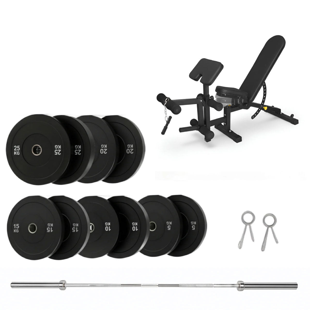 150kg bumper plates, adjustable bench with leg curl, 6ft Olympic barbell and spring clips