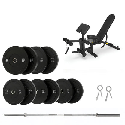 150kg Bumper Plates + Weight Bench + Olympic Barbell 6ft or 7ft