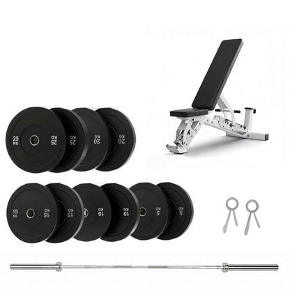 150kg Bumper Plates + Weight Bench + Olympic Barbell 6ft or 7ft