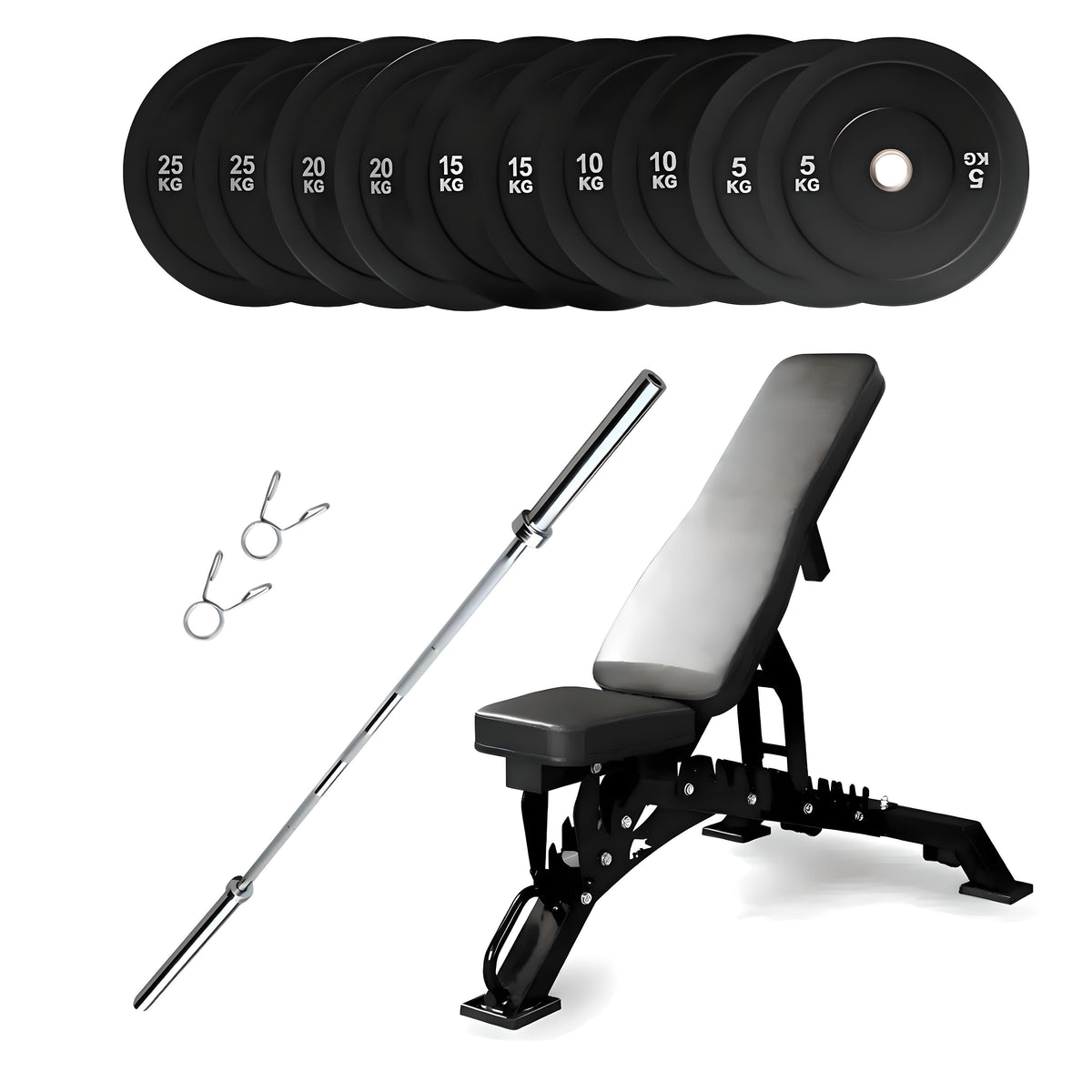 150kg Bumper Plates + Weight Bench + Olympic Barbell 6ft or 7ft