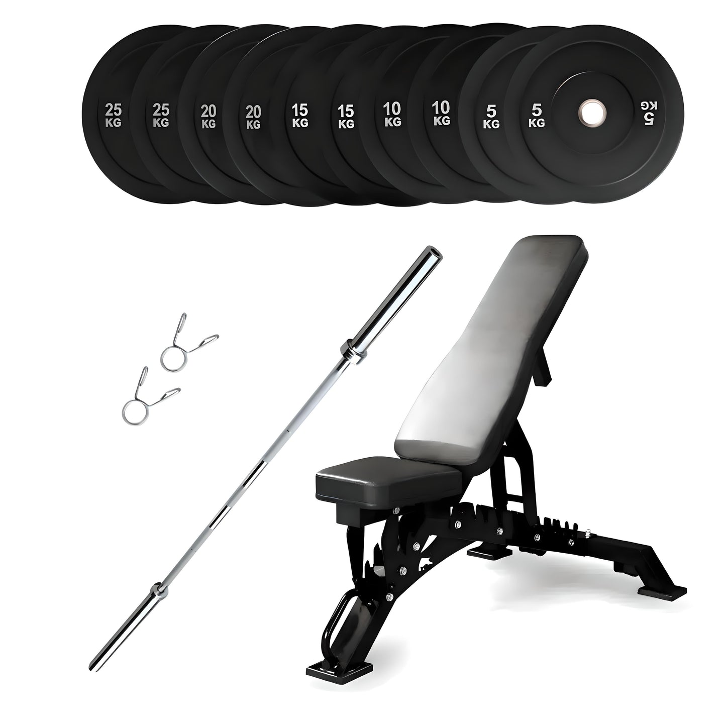 150kg Bumper Plates + Weight Bench + Olympic Barbell 6ft or 7ft