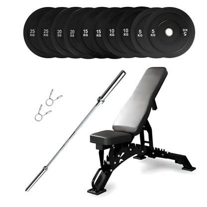 150kg Bumper Plates + Weight Bench + Olympic Barbell 6ft or 7ft