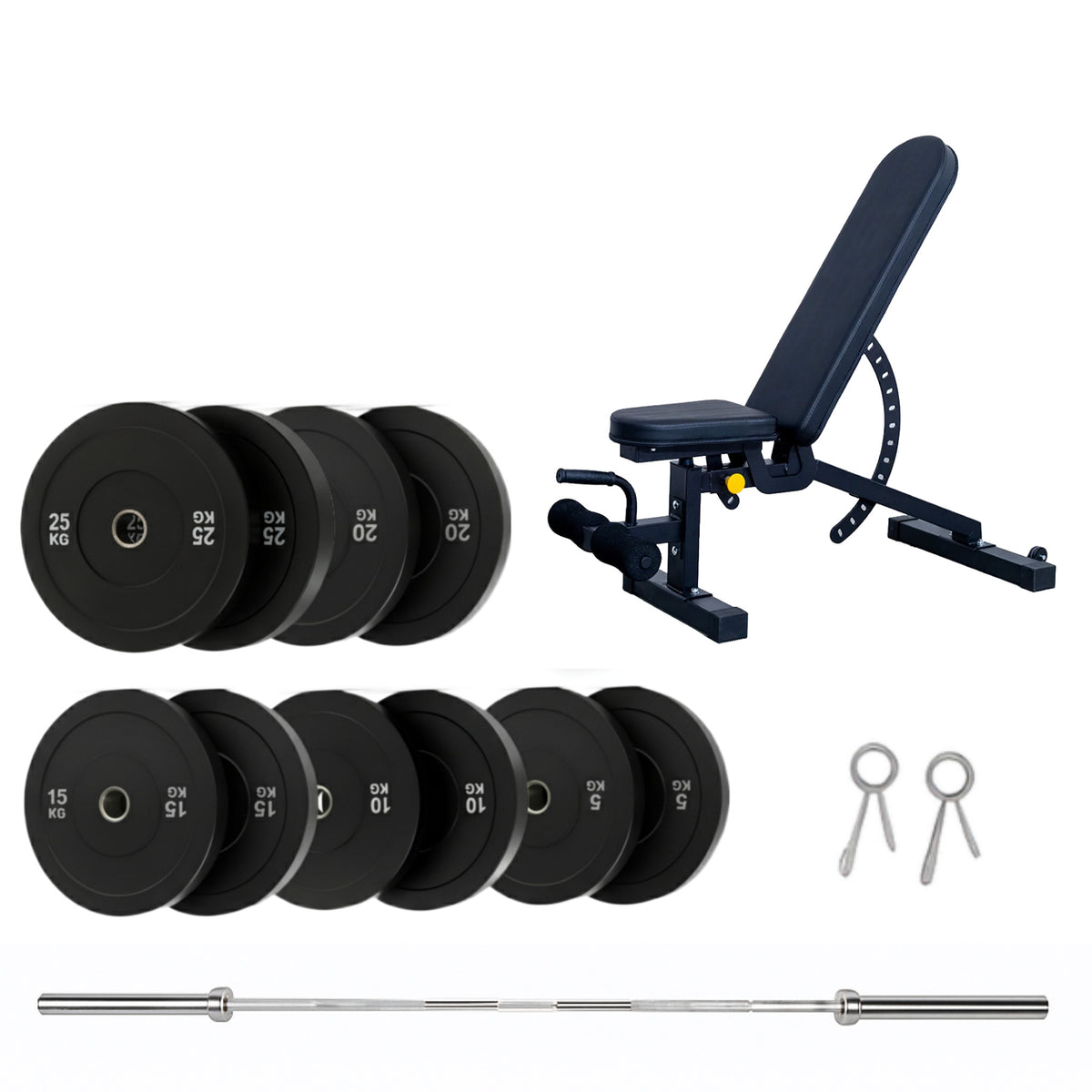 150kg bumper plates, adjustable weight bench, Olympic barbell and spring clips