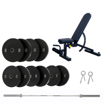 150kg Bumper Plates + Weight Bench + Olympic Barbell 6ft or 7ft