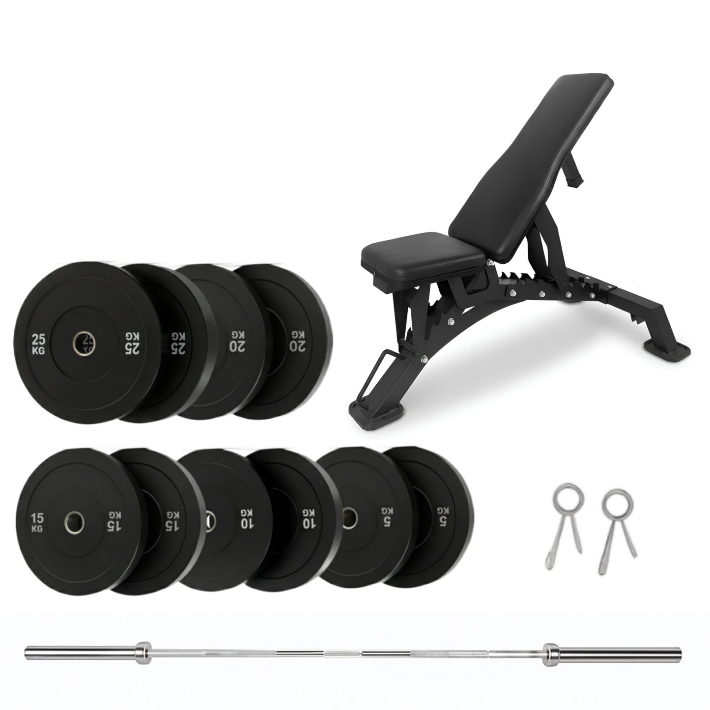 150kg Bumper Plates + Weight Bench + Olympic Barbell 6ft or 7ft