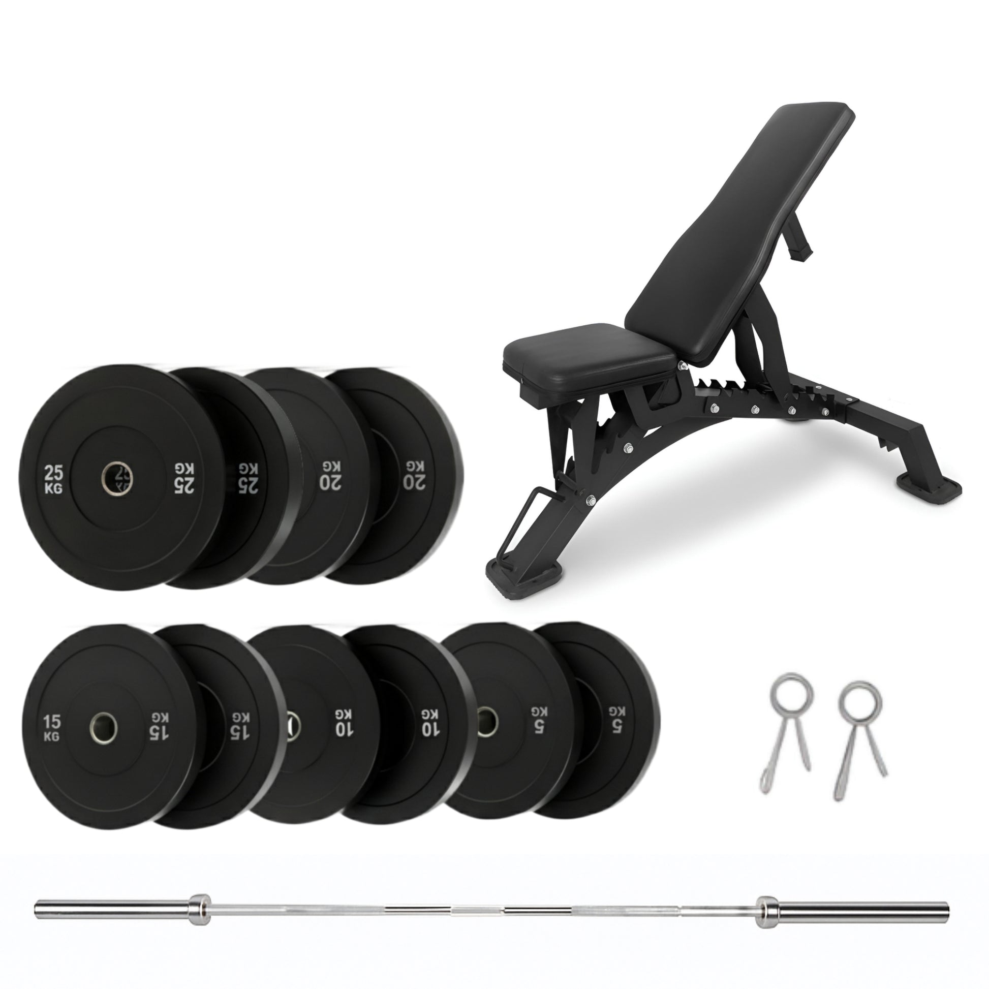 150kg Bumper Plates + Weight Bench + Olympic Barbell 6ft or 7ft