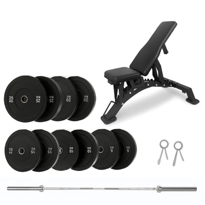 150kg Bumper Plates + Weight Bench + Olympic Barbell 6ft or 7ft