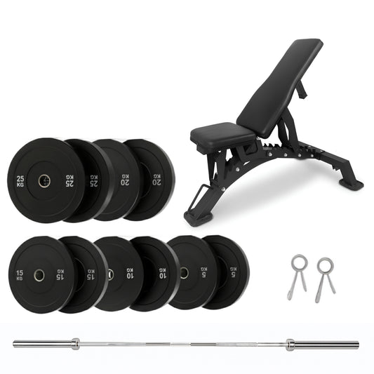 150kg Bumper Plates + Weight Bench + Olympic Barbell 6ft or 7ft