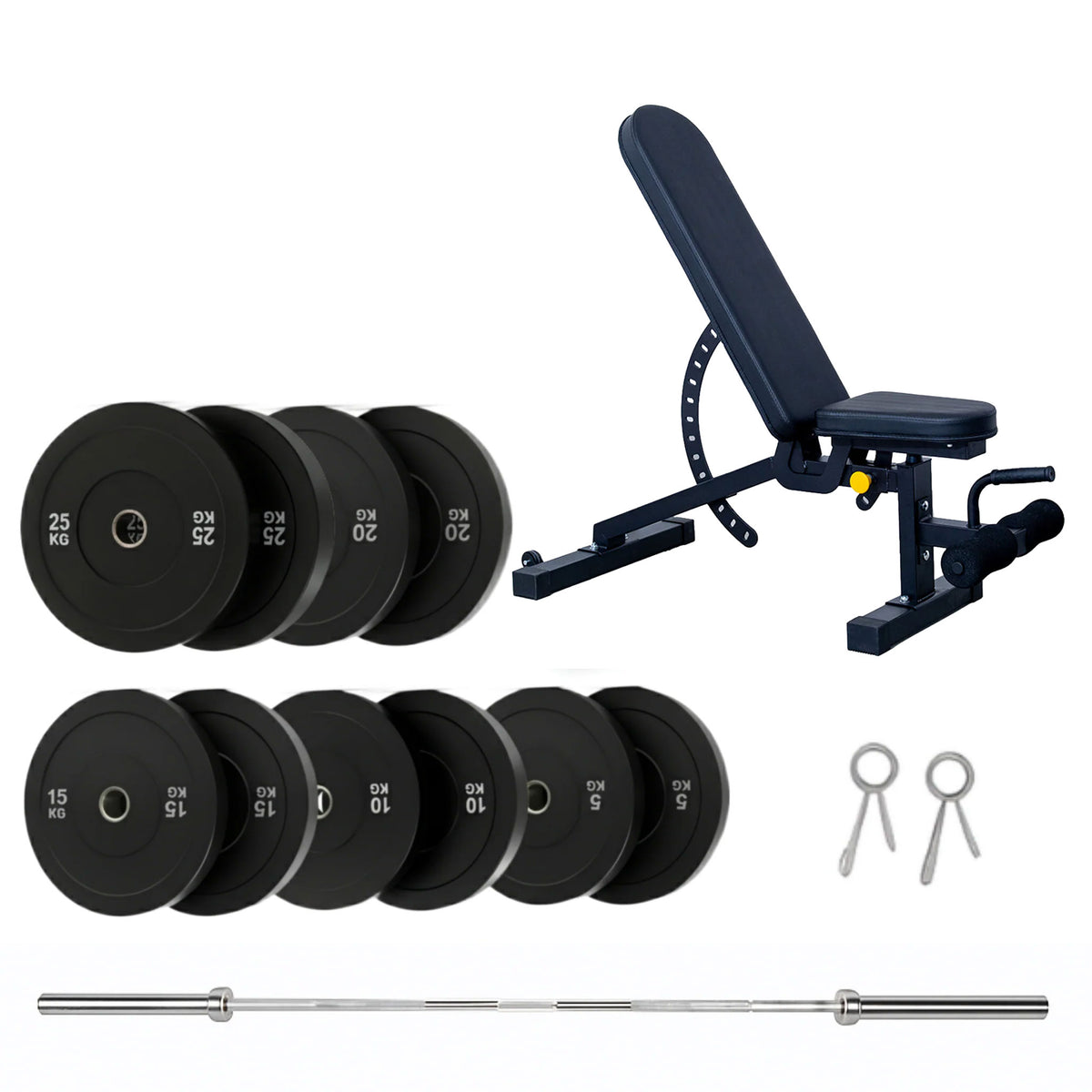 150kg bumper plates, adjustable weight bench, Olympic barbell and spring clips