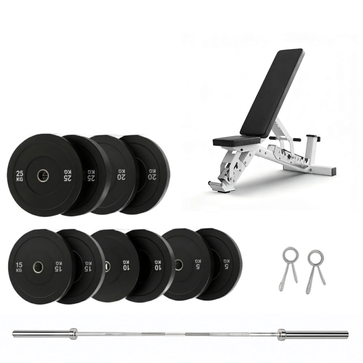 150kg bumper plates, commercial weight bench, 7ft Olympic barbell and spring clips