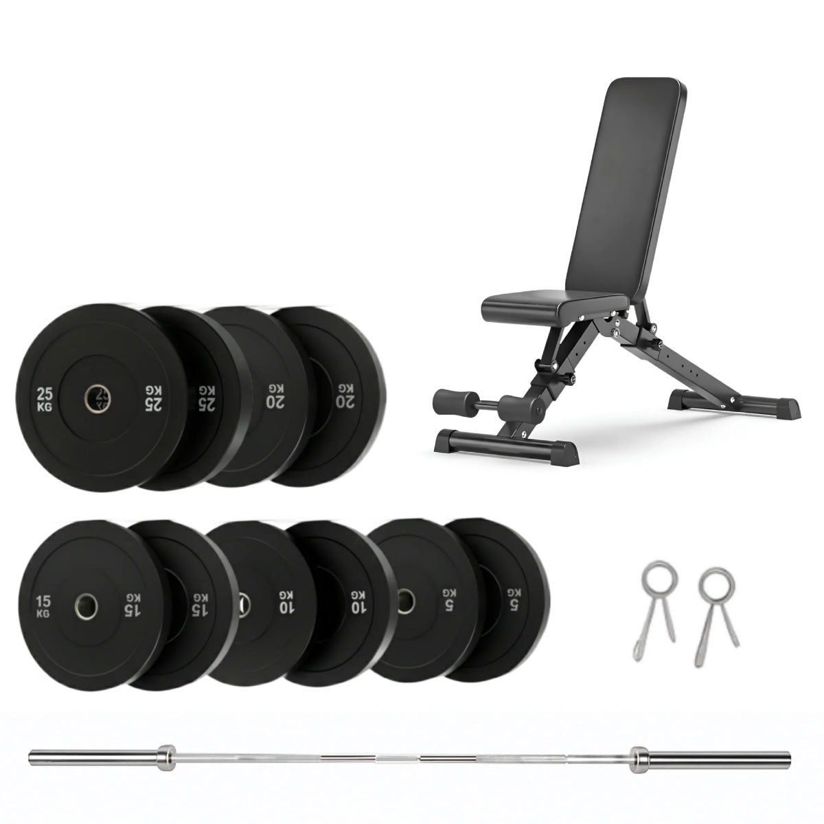 150kg bumper plates, foldable weight bench, 7ft Olympic barbell and spring clips