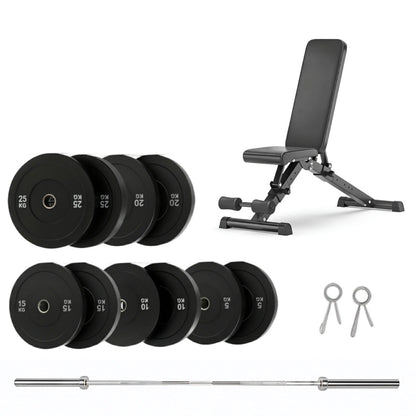 150kg Bumper Plates + Weight Bench + Olympic Barbell 6ft or 7ft