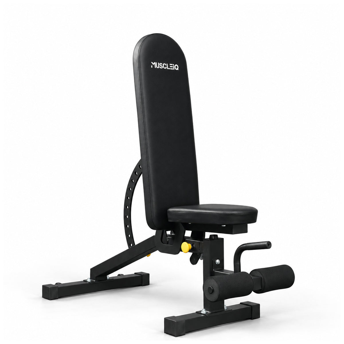 MUSCLEIQ black adjustable weight bench with upright backrest and foam leg rollers on a white background
