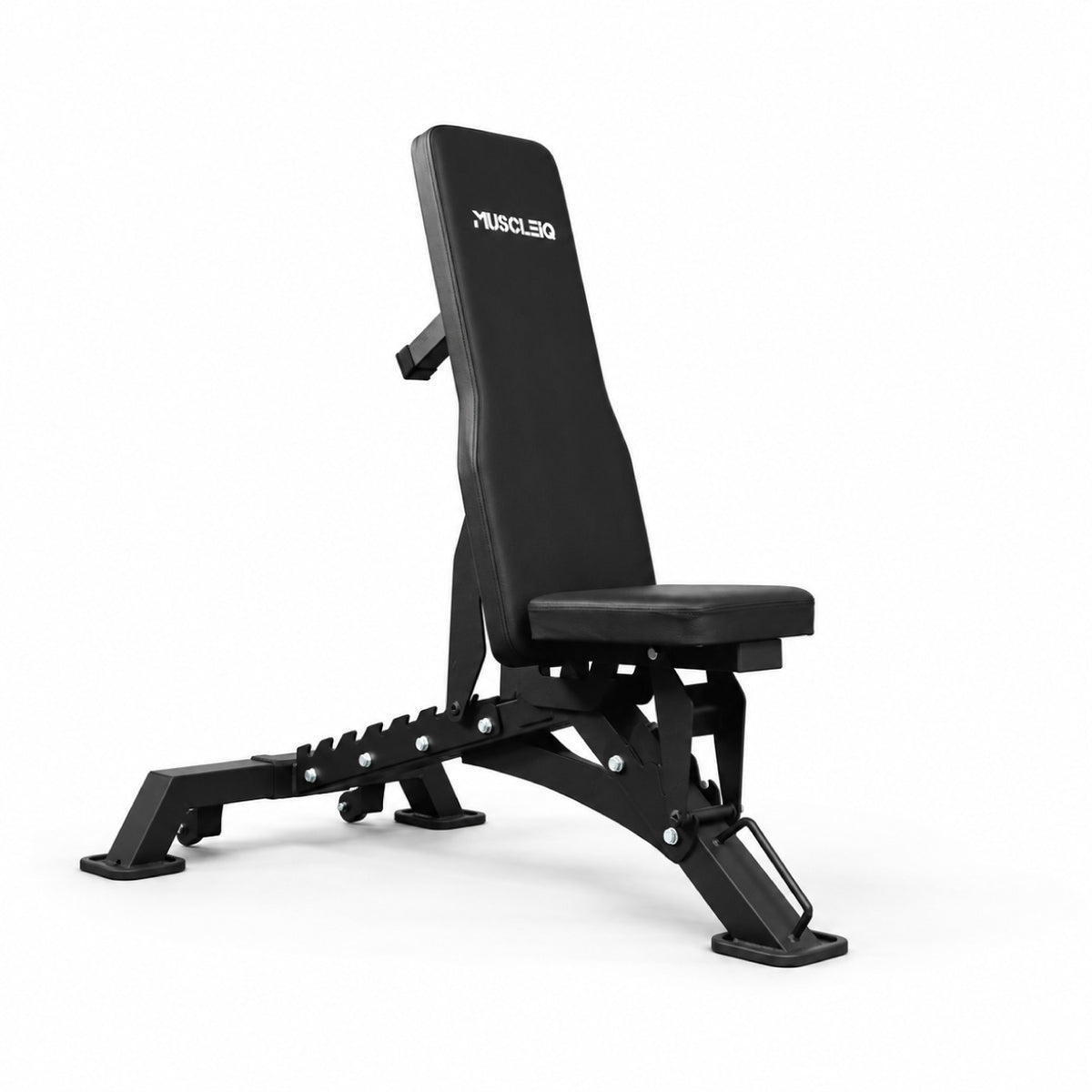 MUSCLEIQ black tri-legged commercial weight bench with raised backrest on a white background