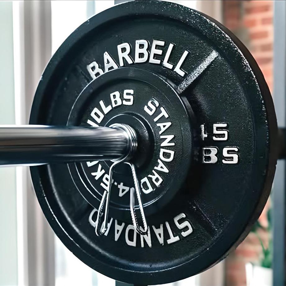Olympic 2" barbell 4ft – 5ft loaded with cast iron weight plates, view 2